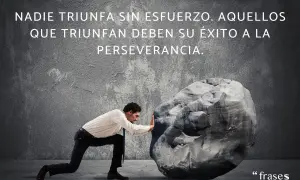 Hombre empujando una roca, con frases de logros y esfuerzos. "Nadie triunfa sin esfuerzo. Aquellos que triunfan deben su éxito a la perseverancia.