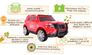 Czerwony radiowóz z migającymi światłami policyjnymi, panelem audio, MP3, USB, AUX, radiem FM, **megafonem** i syreną.