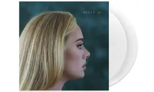 Adele 30 - okładka albumu z wokalistką w profilu i białymi płytami winylowymi.
