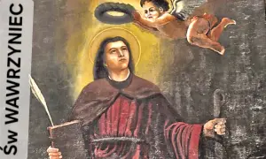 Św. Wawrzyniec, młody święty z aureolą, otrzymuje wieniec od aniołka. Trzyma księgę i pióro.