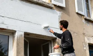 Un homme applique une peinture blanche sur un crépi extérieur à l'aide d'un rouleau.