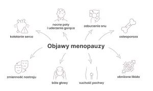 Objawy menopauzy: kołatanie serca, nocne poty, zaburzenia snu, osteoporoza, zmienność nastroju, bóle głowy, suchość pochwy, obniżone libido.