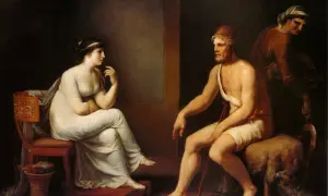 Odyseusz, wracający do domu, spotyka Penelopę. Scena z mitu o Odyseuszu.