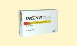 Opakowanie leku Efectin ER 75mg, zawierające 28 kapsułek o przedłużonym uwalnianiu z wenlafaksyną.
