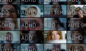 En mosaik av diagnoser, inklusive ADHD, Autism och ADD. En vuxen man med ADHD syns leende i ett av fälten.