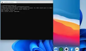 Ventana de comandos mostrando el proceso de compartir pantalla Android con scrcpy. El teléfono OnePlus LE2101 se ve en la pantalla.