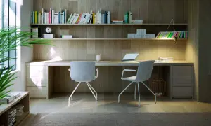 Un moderno ufficio in casa con scrivania in legno, sedie grigie, libreria piena e una pianta verde. Idee per un ambiente di lavoro funzionale e accogliente.