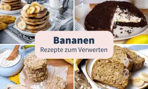 Bananen Rezepte zum Verwerten: Stapel Pancakes, Schoko-Bananen-Torte, Haferflocken-Kekse und Bananenbrot.