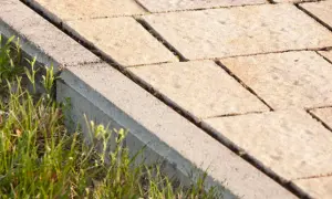 Ukończone układanie obrzeży. Betonowe krawężniki oddzielają trawnik od jasnych płyt chodnikowych.