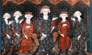 Six figures royales, dont des garçons aux prénoms du 19ème siècle, portent couronnes et robes fleurdelysées.