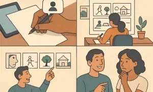 Un artista crea una storia visiva, disegnando personaggi e case. La sua **storytelling photography** cattura il processo creativo.