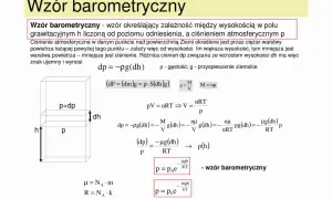 Schematyczny rysunek słupa powietrza z oznaczeniami ciśnienia i wysokości, obok wzory barometryczne.