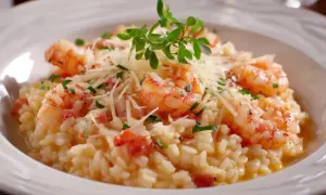 Un crémeux risotto crevettes, garni de parmesan râpé et de persil frais, avec quelques touches de bacon croustillant.