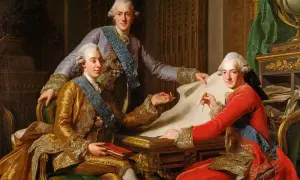 Gustav III och hans bröder studerar en karta. Gustav III, i rött, pekar på kartan med en passare.
