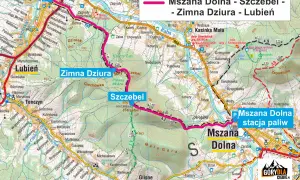Trasa Mszana Dolna - Szczebel - Zimna Dziura - Lubień. Mapa turystyczna z zaznaczonymi szlakami i atrakcjami.