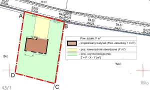 Na mapie zaznaczono projektowany budynek (pow. zabudowy) oraz nawierzchnie utwardzone. Kto wydaje warunki zabudowy, decyduje o kształcie działki.