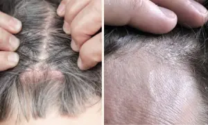 Primer plano de un cuero cabelludo con descamación, mostrando piel irritada y escamas blancas entre el cabello.