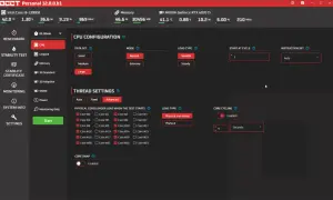 Configuración de **stress test PC** con CPU Intel i9-13900K, seleccionando núcleos y modo de carga para la prueba.