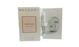 Próbka perfum Bvlgari Omnia Crystalline, z miniaturową buteleczką i kartonikiem z logo.