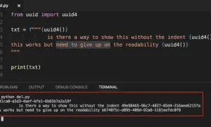 Code Python générant des UUIDs. Le terminal affiche les UUIDs générés, montrant la difficulté de les afficher sans indentation tout en gardant la lisibilité.
