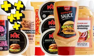 En samling hamburgerdressingar och såser, inklusive Kanias Hamburger Sauce och Eldorado Hamburger Dressing. Perfekt för att hitta ditt favorithamburgerdressing recept.