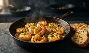 Dampfende Scampi Pfanne mit Knoblauch und Kräutern, serviert mit knusprigem Brot. Ein Fest für die Sinne!