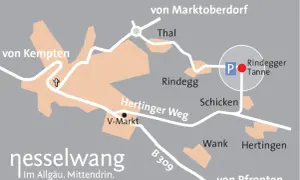 Karte von Nesselwang mit Orten wie Thal, Rindegg, Hertingen und dem besinnungsweg Nesselwang.