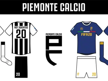 Stroje piłkarskie Piemonte Calcio: czarno-białe w paski i granatowe. Numery 20 i logo FIFA20.