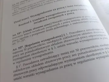 Tekst prawny omawiający ustalanie wynagrodzenia za pracę i inne świadczenia. Zawiera artykuły dotyczące układów zbiorowych pracy oraz regulamin wynagradzania.