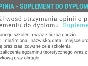 Opinia - suplement do dyplomu zawiera dane szkolenia, osobowe, wiedzę, ocenę egzaminu i pieczęcie.