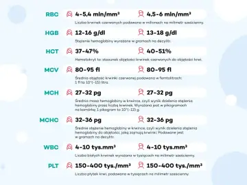 Podstawowe badania krwi: RBC, HGB, HCT, MCV, MCH, MCHC, WBC, PLT z normami.