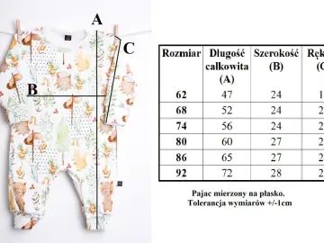 Tabela rozmiarów pajaca z motywem leśnym. Sprawdź, jaki rozmiar dla noworodka będzie najlepszy, porównując wymiary A, B, C.