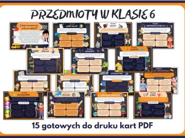 Przedmioty w klasie 6: język polski, matematyka, historia, geografia, biologia, technika, informatyka, wychowanie fizyczne, etyka, religia, języki obce.