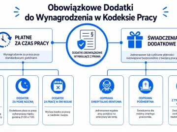 Schemat obowiązkowych dodatków do wynagrodzenia w Kodeksie Pracy: płatne za czas pracy (nadgodziny, pora nocna, dni wolne) i świadczenia dodatkowe (odprawy).