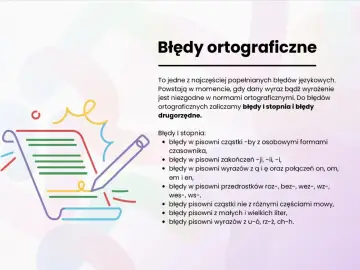 Ilustracja przedstawia tytuł "Błędy ortograficzne" i listę typowych błędów, np. z "u" i "ó".
