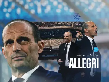 Max Allegri, nowy trener Napoli, w garniturze na tle stadionu.