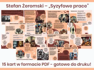 Stefan Żeromski – „Syzyfowe prace" – streszczenie. Grafika przedstawia kluczowe elementy powieści, od postaci po motywy i przesłanie.