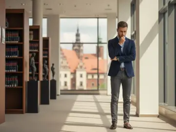 Młody prawnik w eleganckim garniturze zastanawia się, ile trwają studia prawnicze, stojąc w bibliotece z widokiem na zabytkowe budynki.