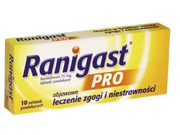 Ranigast PRO na zgagę i niestrawność. Opakowanie 10 tabletek powlekanych z ranitydyną 75 mg.