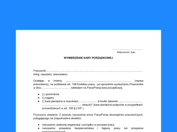 Dokument "Wymierzenie kary porządkowej" zawiera dane pracownika, pracodawcy, rodzaj kary (upomnienie, nagana, kara pieniężna) oraz przyczynę jej nałożenia.