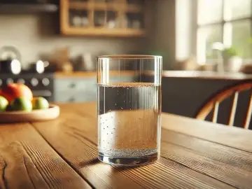 Szklanka wody na drewnianym stole. Czy przed badaniem krwi można pić wodę? Tak, zazwyczaj można pić wodę.