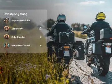 Aplikacja dla motocyklistów: udostępnij trasę znajomym. Widok z perspektywy kierowcy na drogę i innych motocyklistów.