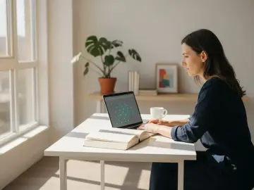 Kobieta pracuje przy laptopie, studiując materiały. Zastanawia się, ile trwają studia podyplomowe, szukając odpowiedzi w sieci.