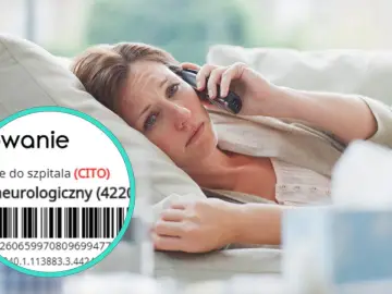 Zmartwiona kobieta dzwoni z telefonu, leżąc na kanapie. Na pierwszym planie widać fragment dokumentu z napisem "cito" i "szpital".