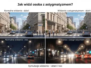 Symulacja widzenia ulicy w dzień i w nocy, pokazująca, jak rozmyte i zniekształcone są światła, gdy widzi osoba z astygmatyzmem.