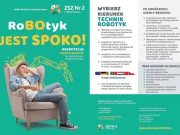 Młody mężczyzna w fotelu, obok schemat robota. Rekrutacja na kierunek technik robotyk w ZSZ Nr 2 w Białymstoku.