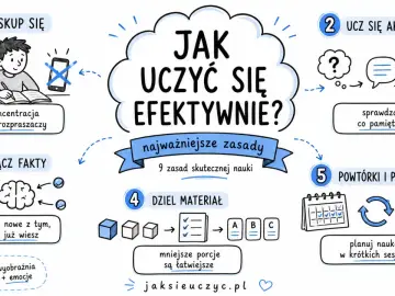 Grafika przedstawia 9 zasad skutecznej nauki. Skup się, ucz się aktywnie, łącz fakty, dziel materiał, rób powtórki i przerwy. To klucz do sukcesu, a nie frazeologizm!