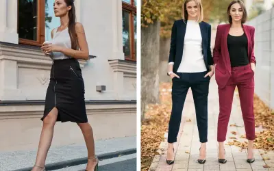 Kobiety w eleganckich stylizacjach, jedna w czarnej spódnicy i topie, druga w granatowym i bordowym garniturze. Casualowy styl na co dzień.
