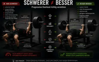 Vergleich von Training: links mit schlechter Technik und instabiler Position für kurzfristige Erfolge, rechts mit voller Kontrolle und sauberer Ausführung für effektiven Muskelaufbau.