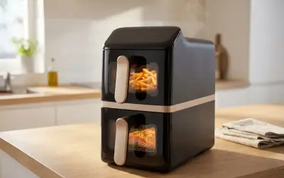 Czarny, dwupoziomowy air fryer z frytkami i łososiem w środku. To najlepszy air fryer do szybkiego przygotowania posiłków.